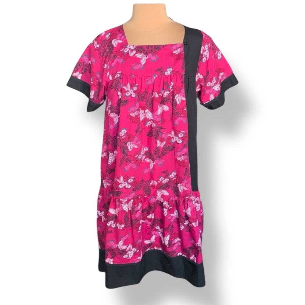 Vintage RM Made in Hawaii Pink Butterfly Dress Black Trim Square Neck Ruffle Hem